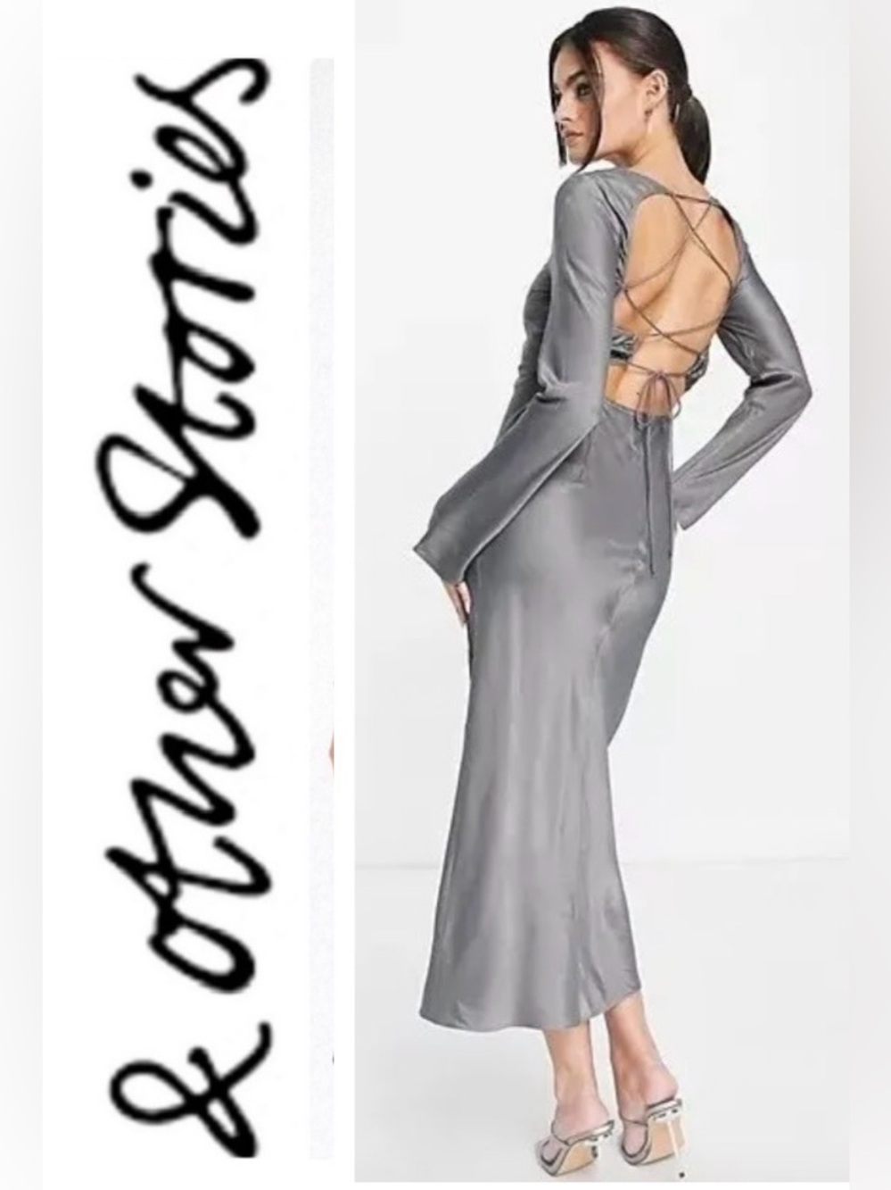 & Other Stories Foil Midi Dress in silver metallic- size 10 NWT